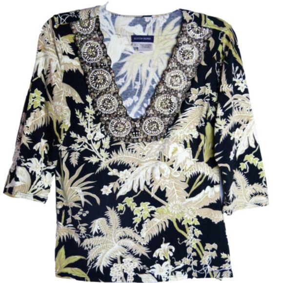 Boston Proper Women's Size S Floral Shell V-neck Tropical Blouse Beaded - Picture 1 of 13